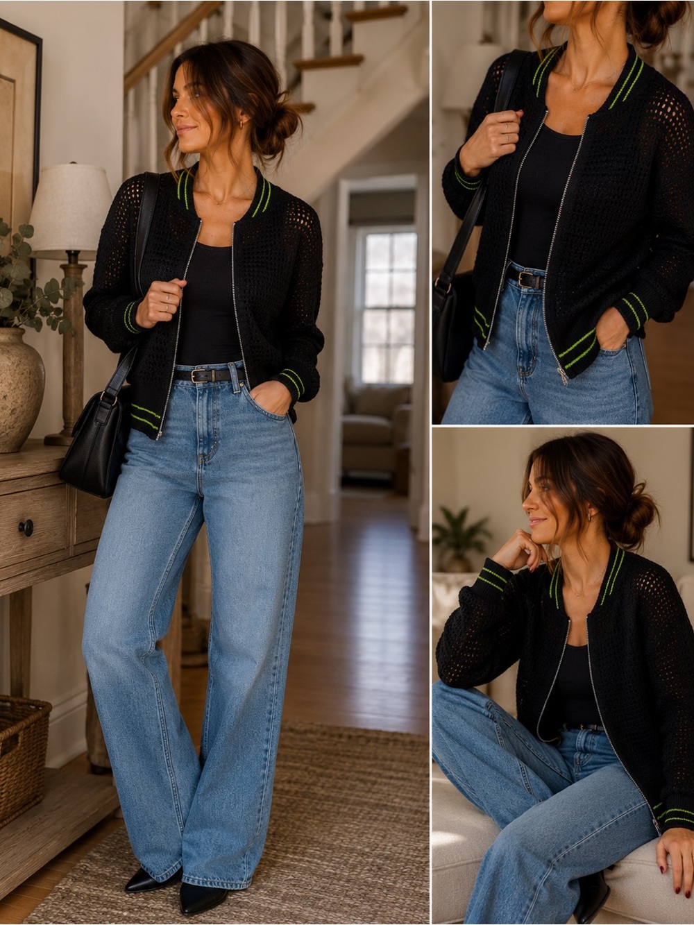L'Amour Black Knit Sweater with Neon Green Accent